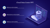 Slide featuring a 3D illustration of a laptop displaying cloud data storage, with three service types SaaS, IaaS, and PaaS.