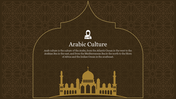 Arabic culture slide with mosque silhouette and text on a dark, intricate patterned background.