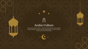 Arabic themed slide with intricate geometric patterns and golden hanging lanterns on a dark brown background with a caption.