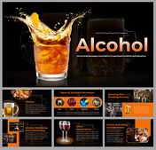 Slide deck featuring alcoholic beverages, with a black and orange background, discussing brewing, advertising, and safety.