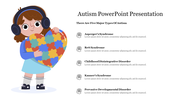 Illustration of a child holding a heart shaped puzzle, with a list of five types of autism on the right side with icons.