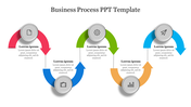 Slide showing a business process flow with circular arrows in red, green, blue, and orange, each containing an icon and text.