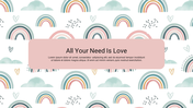 Boho style rainbow pattern background slide with a pink colored text box in the center.