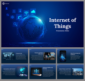 IoT slide deck with a digital globe and icons, followed by six slides on connectivity, sensors, security, and smart homes.