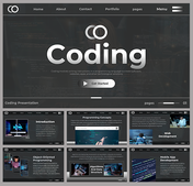 A sleek and modern coding presentation interface featuring a dark theme, showcasing various slides on programming languages.