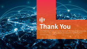 Thank you slide featuring an IoT theme with a cityscape and connected networks bacground overlaid with orange text.