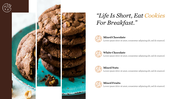 Stacked cookies on a turquoise plate with three vertical white dividers and various types written on the right.