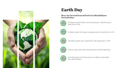 Hands holding a green globe with plants, and a list of Earth day facts with icons on the right.