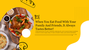 Plate of food on a wooden table, with a bright yellow background and a message about enjoying meals with loved ones.