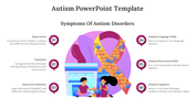 Slides on autism with a large puzzle ribbon, icons, and illustrations focusing symptoms, with purple and pink accents.