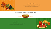 Indian food and spice slide with text placeholders featuring vibrant colors and a traditional design.