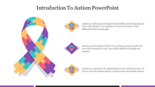 Multicolored puzzle piece ribbon symbolizing autism awareness, with three icons and text sections on the right.