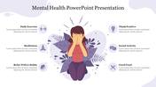 Mental health slide that focuses on self-care activities, with an illustration of a stressed person and associated icons.