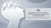 White head with broken pieces on top, symbolizing mental health, with a text box, on a gray textured background.