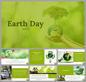 Earth day slide deck with green theme, featuring recycling, transportation, and agriculture with eco friendly visuals.