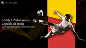 A soccer player in mid air kicking a ball, with a background of yellow and red shapes on a black backdrop.