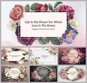 Collection of slides with a mix of pink, purple, and white flowers centered around a quote on a floral backdrop.