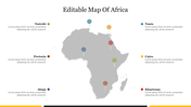 Grey African map with six colored location markers and city names displayed in a layout with text on both sides.