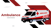 Slide pack with ambulance images covering sections on medical services, response time, and safety, in red and black accents.