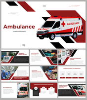 Slide pack with ambulance images covering sections on medical services, response time, and safety, in red and black accents.