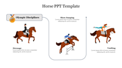 Slide with three illustrations showing different horse-riding disciplines, each with corresponding captions.