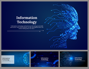 Information technology slides with a digital human face composed of circuitry on a deep blue background.