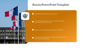 Russia slide with a photo of flag poles on the left and a golden text box on the right listing facts about the place.