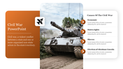 A military tank on a dirt road with orange and white text boxes discussing civil war and causes listed on the right.