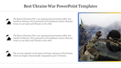 Ukraine war slide with three black bullet points and text on the left, with a photo of soldiers and tanks.