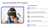 Young girl using virtual reality headset and features list on the right with purple icons.