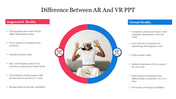 Illustration of a person experiencing virtual reality  and augmented reality in the middle of a split red and blue circle.