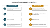 Slide comparing Augmented Reality and Virtual Reality, detailing key features of each technology with icons and text.