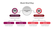 Mind map diagram with six nodes, a central gray circle connecting to red and purple sections with icons.