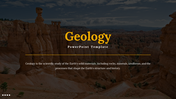 Geology slides with images of rock formations, plate tectonics, fossils, volcanoes, and other earth science related topics.