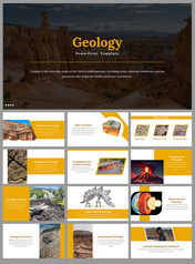 Geology slides with images of rock formations, plate tectonics, fossils, volcanoes, and other earth science related topics.