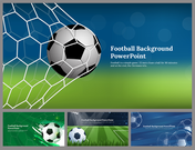 Football background slide featuring a soccer ball hitting the net on a green field with a blue sky backdrop with title text.