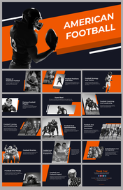 American football themed slides featuring black and white player images and orange highlights across various topics.