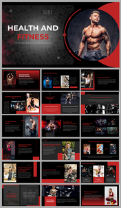 Health and fitness slides featuring a muscular man holding dumbbells against a dark background.