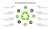 Circular infographic slide showing recycling elements with color coded icons and placeholder text.