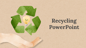 A slide deck showing a hand under a light bulb and recycling symbol, filled with eco friendly practices and recycling themes.