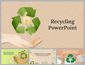 A slide deck showing a hand under a light bulb and recycling symbol, filled with eco friendly practices and recycling themes.