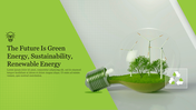 Slide highlighting green energy, sustainability, and renewable energy with wind turbines inside a light bulb with text caption.