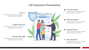 Life insurance slide with a family shaking hands with an agent, displaying various insurance policies with text captions.