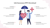 Illustration of a couple with an umbrella and heart, surrounded by six life insurance benefits listed on both sides.