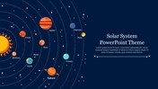 Solar System themed slide featuring planets in orbit around the sun, labeled with their names, and a placeholder text.