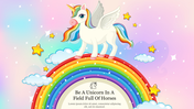 A winged unicorn with a colorful mane and wings stands atop a rainbow, surrounded by stars and clouds in a pastel sky.