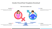 Male and female figures inside gender symbols placed on a balance scale, with placeholder text around them.