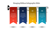 Infographic slide with four hanging ribbons in red, purple, yellow, and blue, each with a number, icon, and placeholder text.