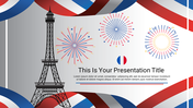 French-themed slide with an Eiffel Tower graphic, colorful fireworks, and red, white, and blue banner accents with text area.