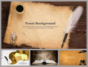 A pack of vintage poem background slides featuring a parchment and feather quill on a wooden surface.